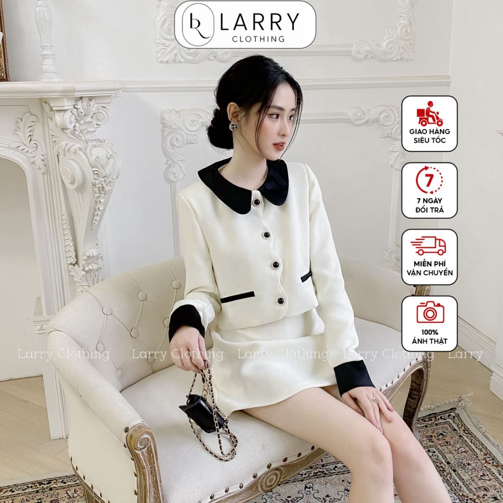 Set dạ tweed nữ thiết kế tay dài màu trắng cổ đen kèm chân váy tiểu thư thời trang trang thiết Larry Clothing S734