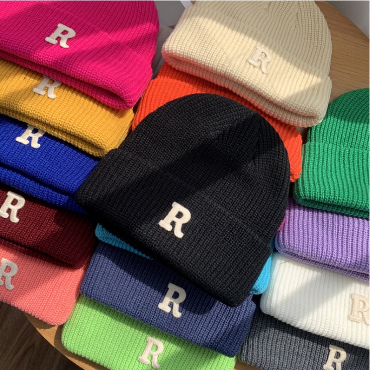 Mũ len nam nữ in chữ R unisex cá tính trùm tai ấm áp kiểu beanie đi chơi chụp ảnh đẹp rẻ thời trang Hàn Quốc