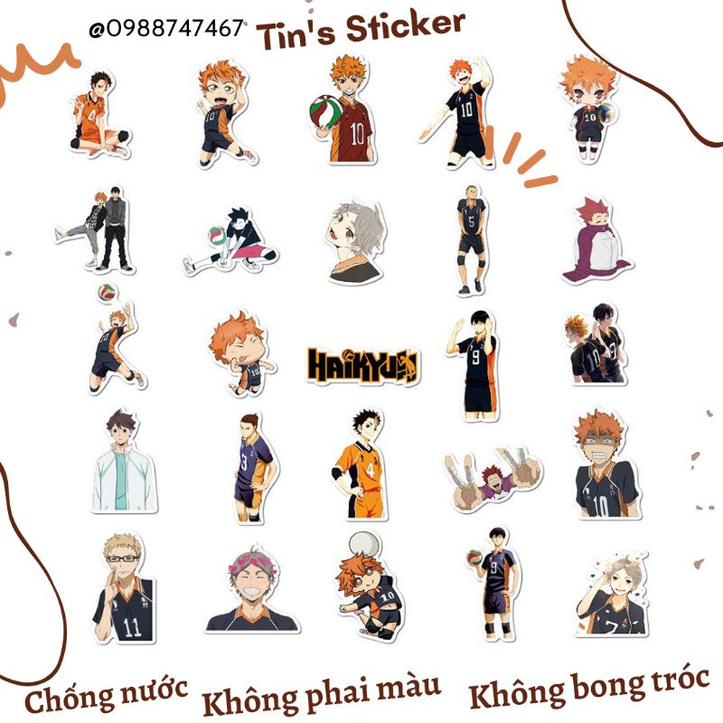 Set combo 50 miếng dán sticker hoạt hình anime Vua bóng chuyền Haikyuu chống thấm nước dán nón mũ bảo hiểm laptop vali