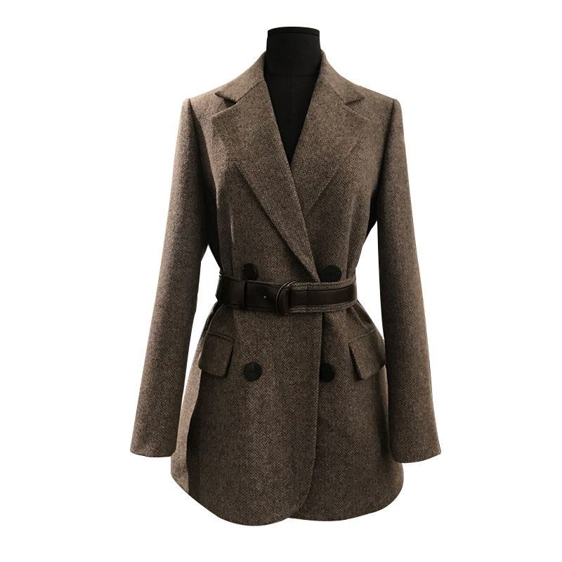 Áo Khoác Blazer Len Eo Cao Buộc Dây Họa Tiết Xương Cá Phong Cách Hàn Quốc Thời Trang Thu Đông 2022 Mới