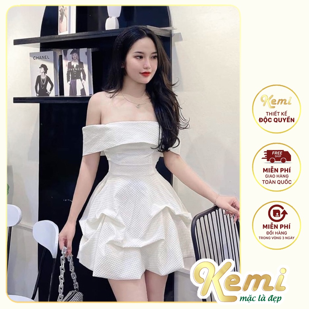 Váy gấm trễ vai 3 lớp xòe bồng công chúa Kemi đầm bẹt vai siêu hách dáng mặc đi tiệc ăn cưới