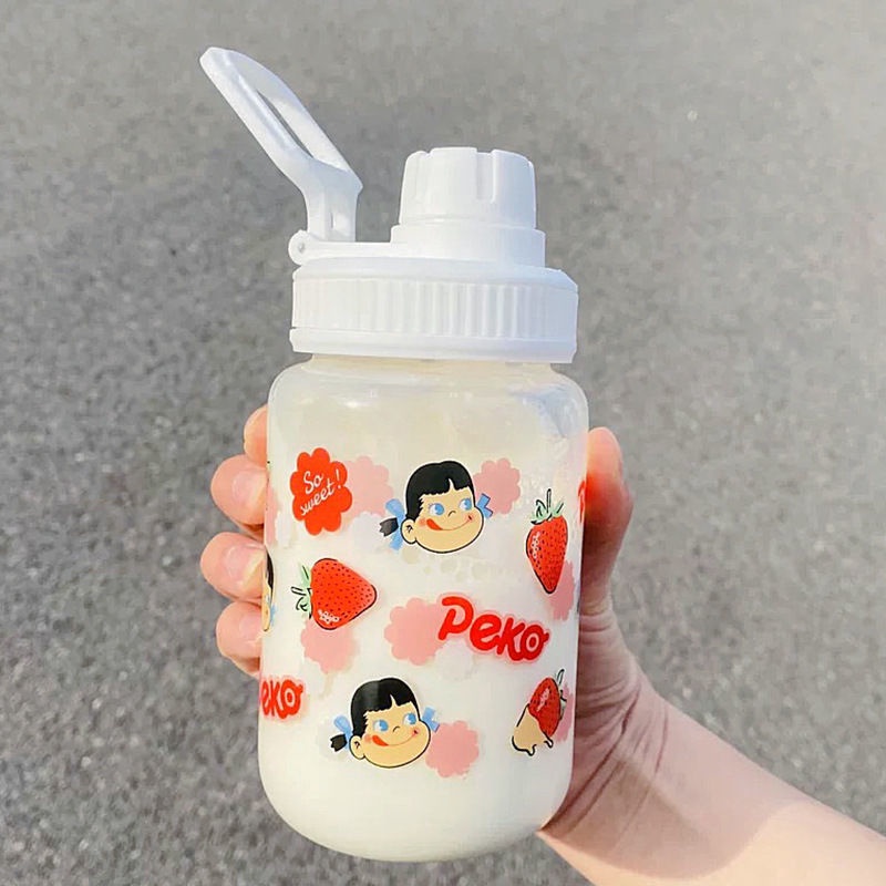 Cốc Uống Sữa Bằng Thủy Tinh Chịu Nhiệt Di Động Có Ống Hút In Hình Dâu Hoạt Hình Dễ Thương