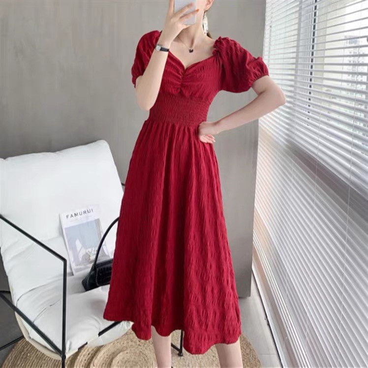 Váy nữ dự tiệc dáng dài, Đầm babydoll trễ vai đi biển tay bồng vải xốp kiểu hàn màu đỏ, đen