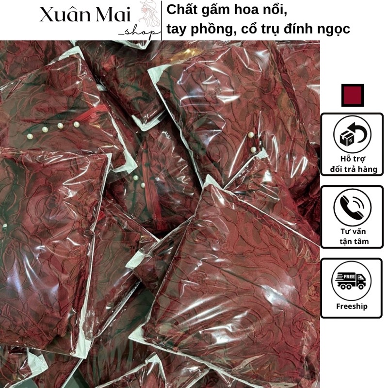 [FREESHIP - KÈM QUẦN] Áo dài mặc Noel Tết đi cưới hỏi màu đỏ chất gấm hoa nổi tay phồng cổ trụ cách tân đính ngọc