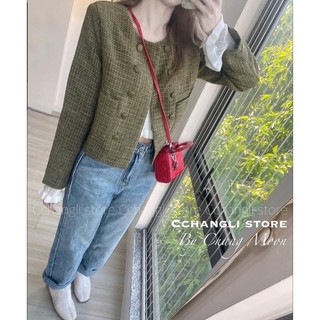 Áo khoác dạ tweed khuy đồng 2 hàng dáng ngắn, áo khoác dạ trơn