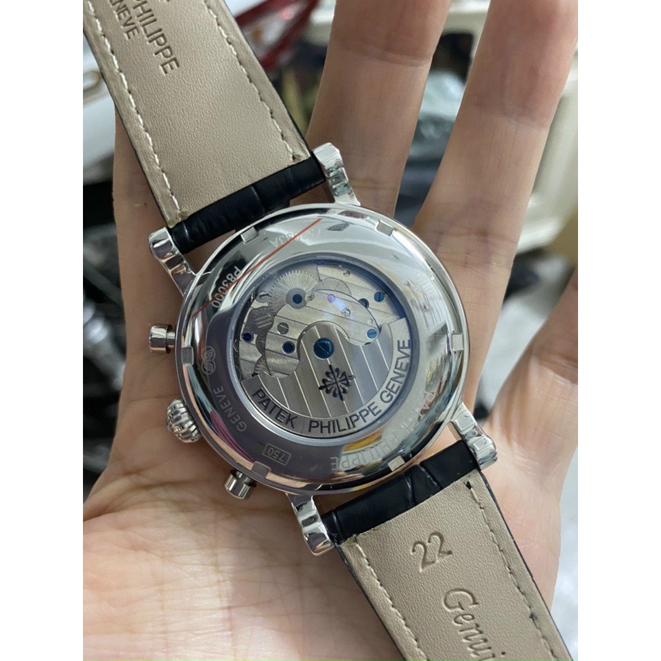 Đồng hồ Nam Patex 6kim cơ automatic có lịch thứ ngày trăng sao dây da vỏ trắng
