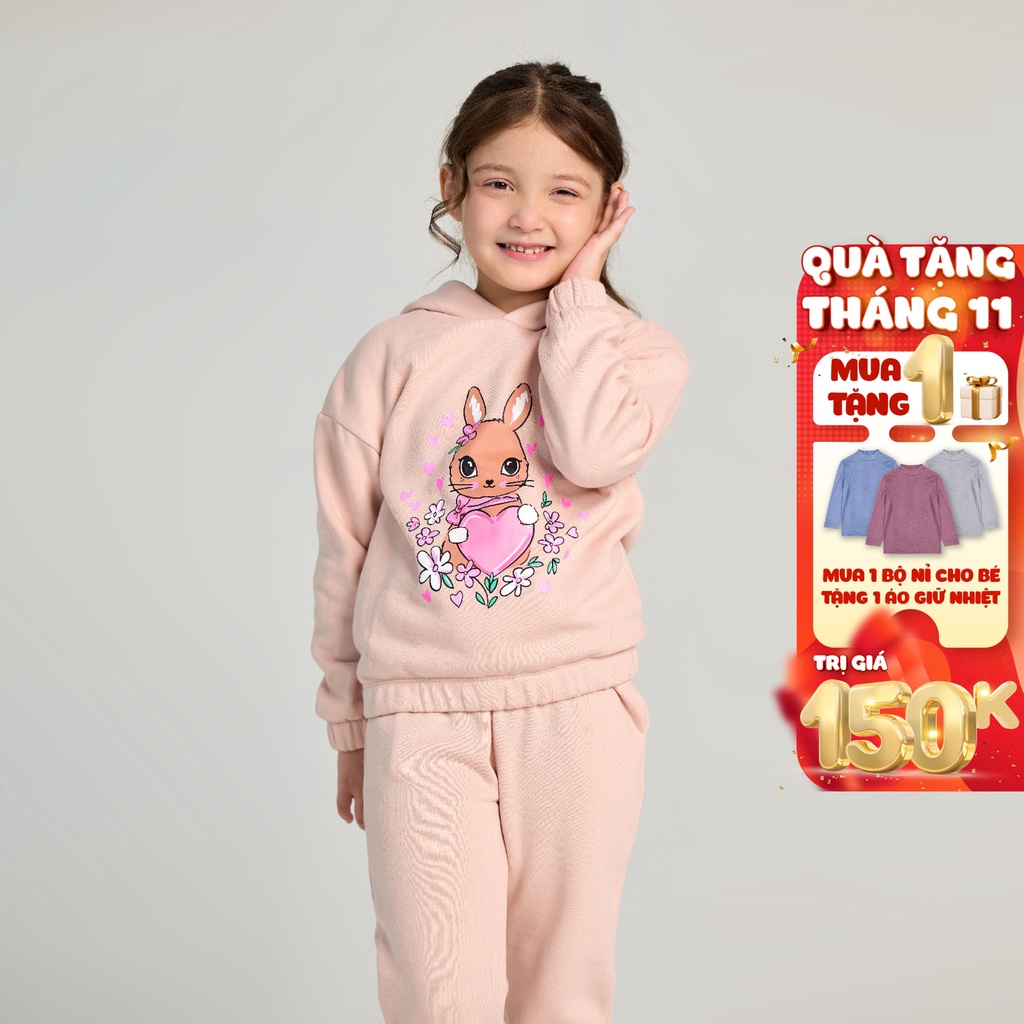 Quần áo bé gái Bigfox Miss Meow thu đông size đại, bộ nỉ bông cho bé gái họa tiết thỏ trái tim size trẻ em 3,4,..11 tuổi