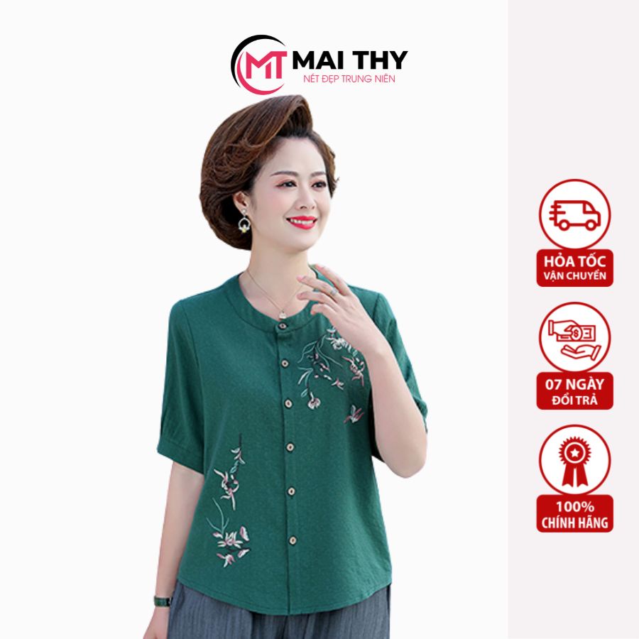 Áo Trung Niên MAI THY 711, Mẫu Áo LINEN Trung Niên Tay Ngắn Cổ Tròn Thêu Hoa Form Bigsize | Thời Trang Trung Niên U50