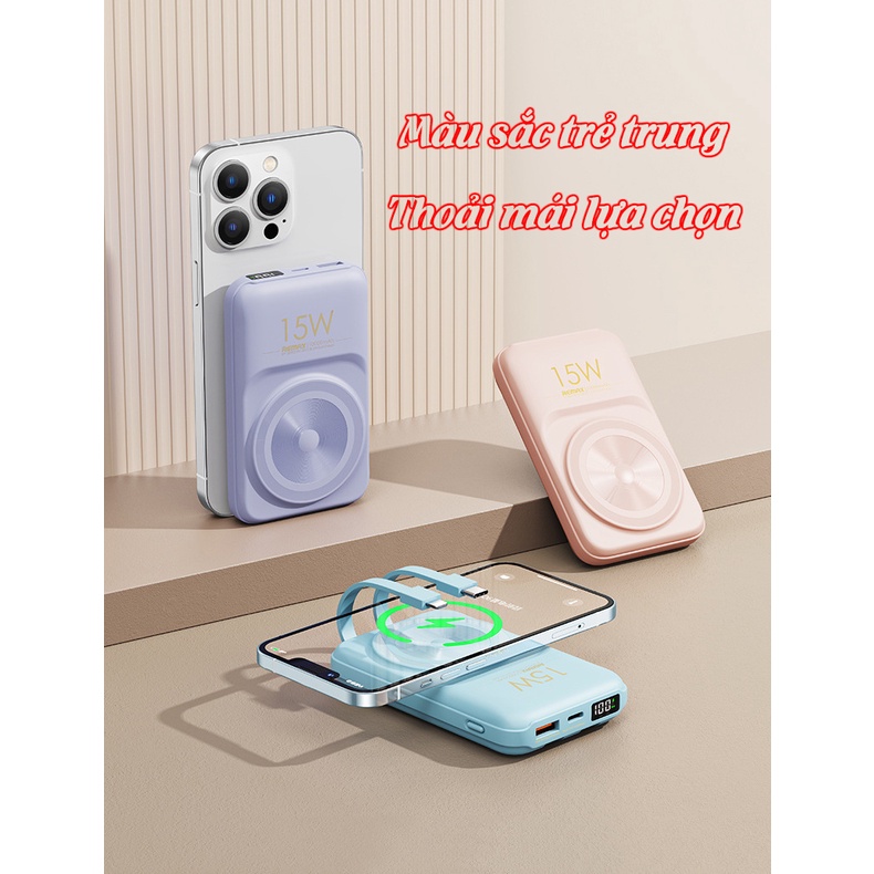 Sạc dự phòng không dây mini sạc nhanh 15W tích hợp dây Remax 10000mah Rpp - 281 chính hãng