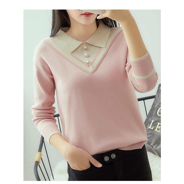 Áo Sweater Dệt Kim Tay Dài Dáng Rộng Cổ Búp Bê Giả Hai Lớp Thời Trang Thu Đông Cho Nữ