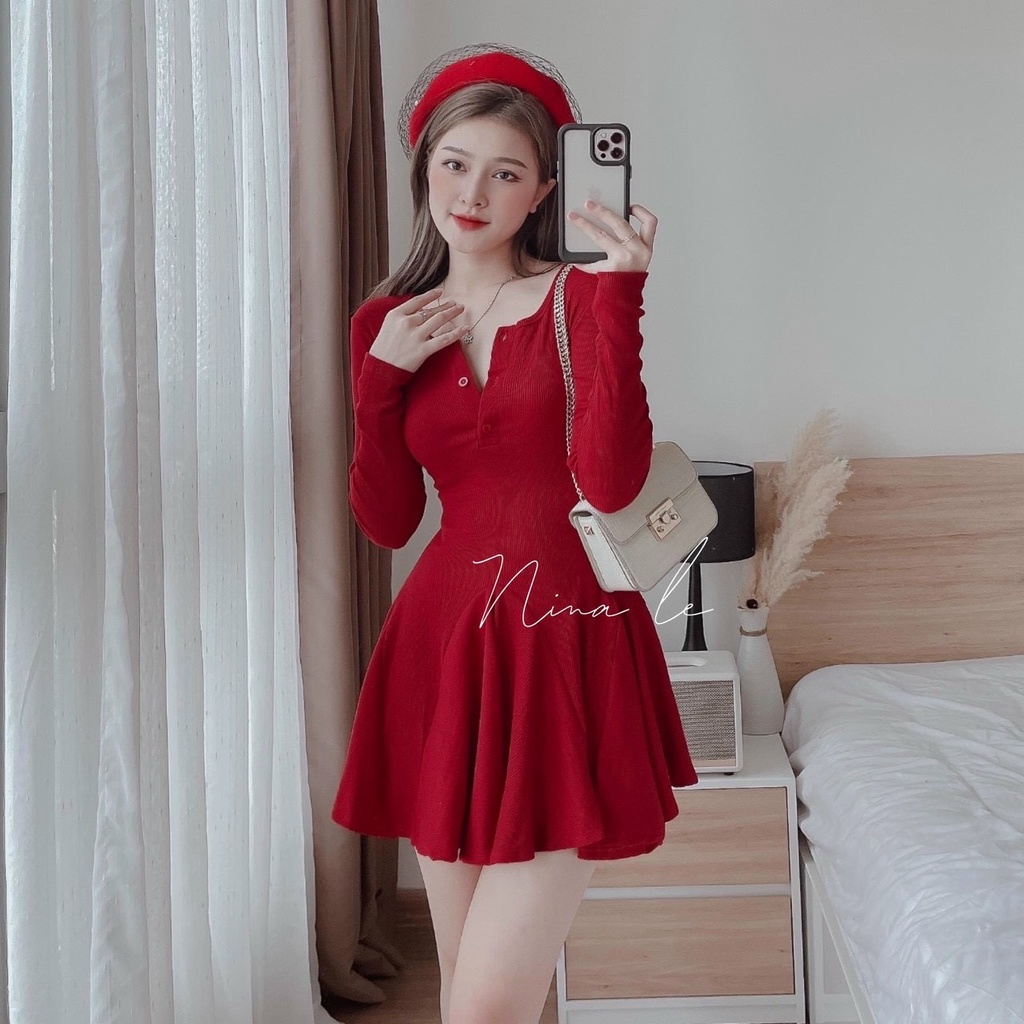 [11.11 Sale Freeship] Đầm thời trang nữ,đầm chất thun gân cổ vuông cài khuy tay dài ôm eo dáng ngắn xếp ly xiêu xinh dx