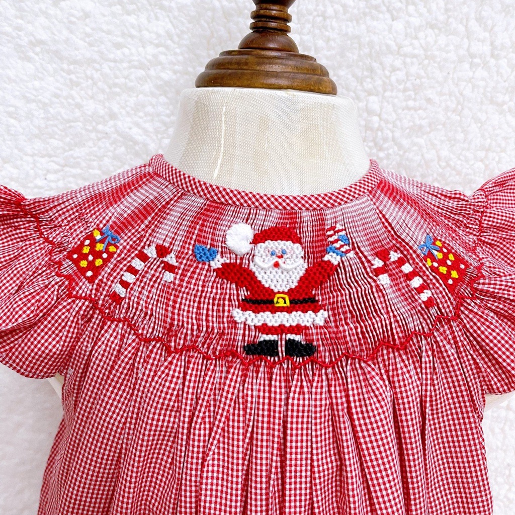 Váy Đầm Bé Gái SMOCK CÔ NẮNG Đỏ Kẻ Caro Tay Cánh Tiên Ông Già Tuyết Noel Dễ Thương
