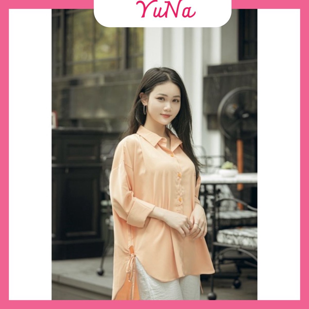 Áo sơ mi nữ YUNA cổ đức vạt bầu thắt nơ dáng rộng màu trơn phong cách ulzzang Hàn Quốc, thời trang nữ YUNA