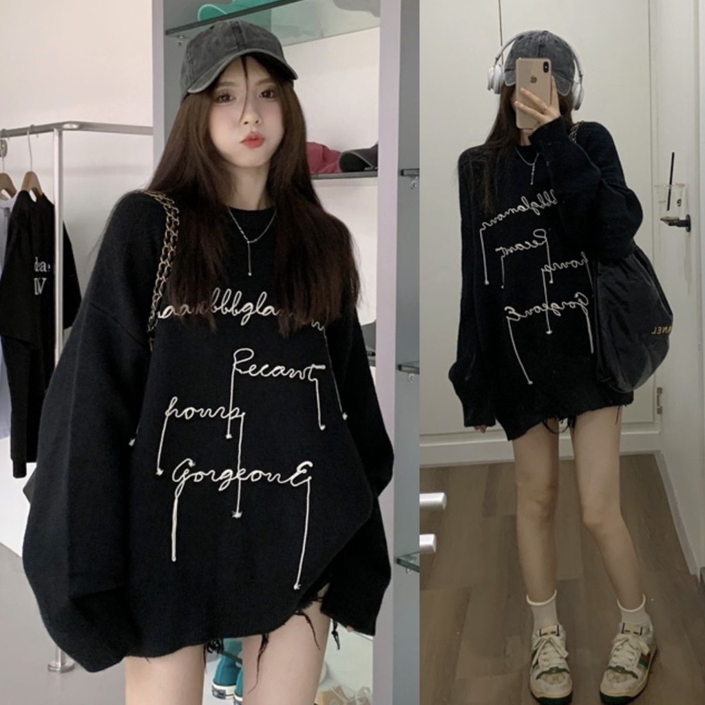 Áo Sweater Đen Dáng Rộng Thêu Chữ Phối Tua Rua Thời Trang Thu Đông Cho Nữ Lên Đến 200kg