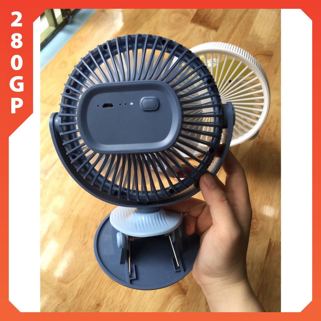 Quạt tích điện mini 3 cấp độ gió, quạt phun sương sạc điện kẹp bàn mini xoay 360 độ