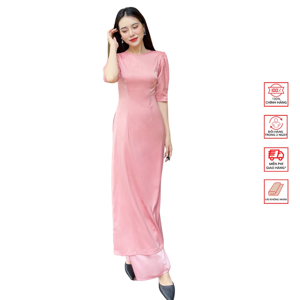 Áo dài FOR HER cổ tròn tay phồng hồng AD02253