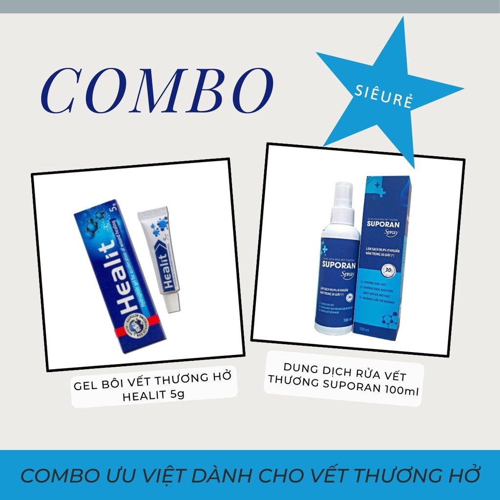 Gel bôi vết thương hở HEALIT 5g & Dung dịch kháng khuẩn SUPORAN 100ml: Lành thương nhanh, tái tạo da, ngừa sẹo