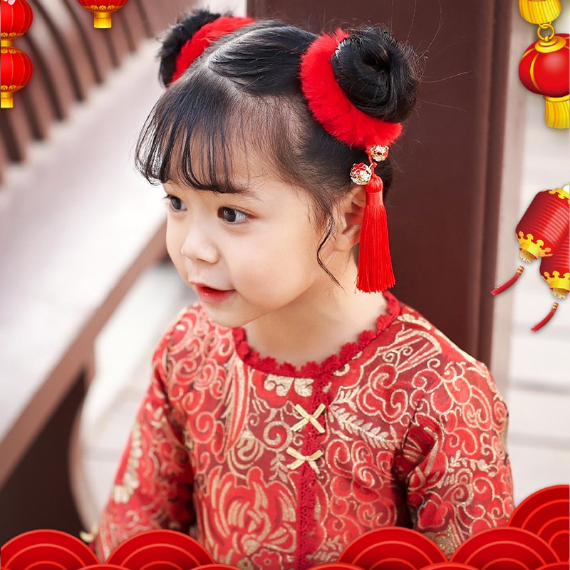 1 Cặp Dây Buộc Tóc Phủ Lông Màu Đỏ Phong Cách Trung Hoa Thời Trang Cho Nữ