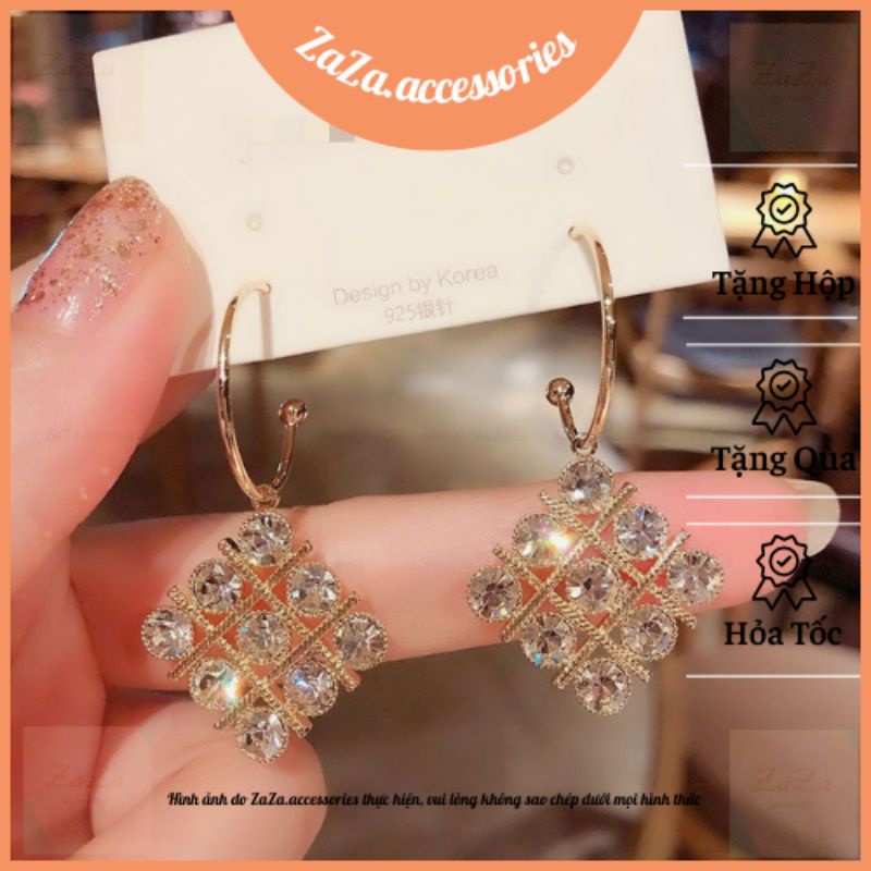 Bông tai bạc S925 - Hoa tại bạc S925 hình khối đính đá lấp lánh dễ thương KT8060