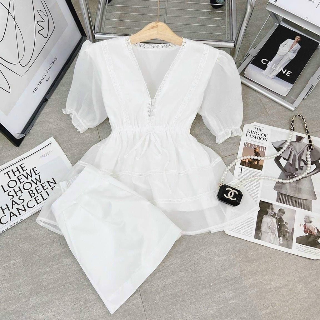Set bộ áo babydoll 2 dây nhún ngực kèm short trắng