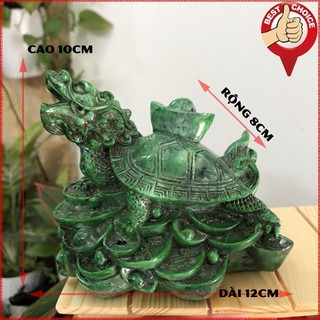 Tượng đá long quy - Rùa đầu rồng trang trí phong thủy - Long quy cõng thỏi vàng - Cao 10cm - Màu xanh lục bích