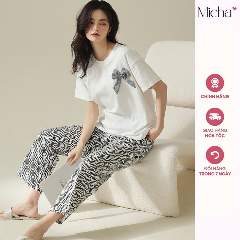 Đồ bộ ngủ nữ mặc nhà cao cấp quần dài kẻ caro áo cộc tay đen cotton spandex D70 MICHA