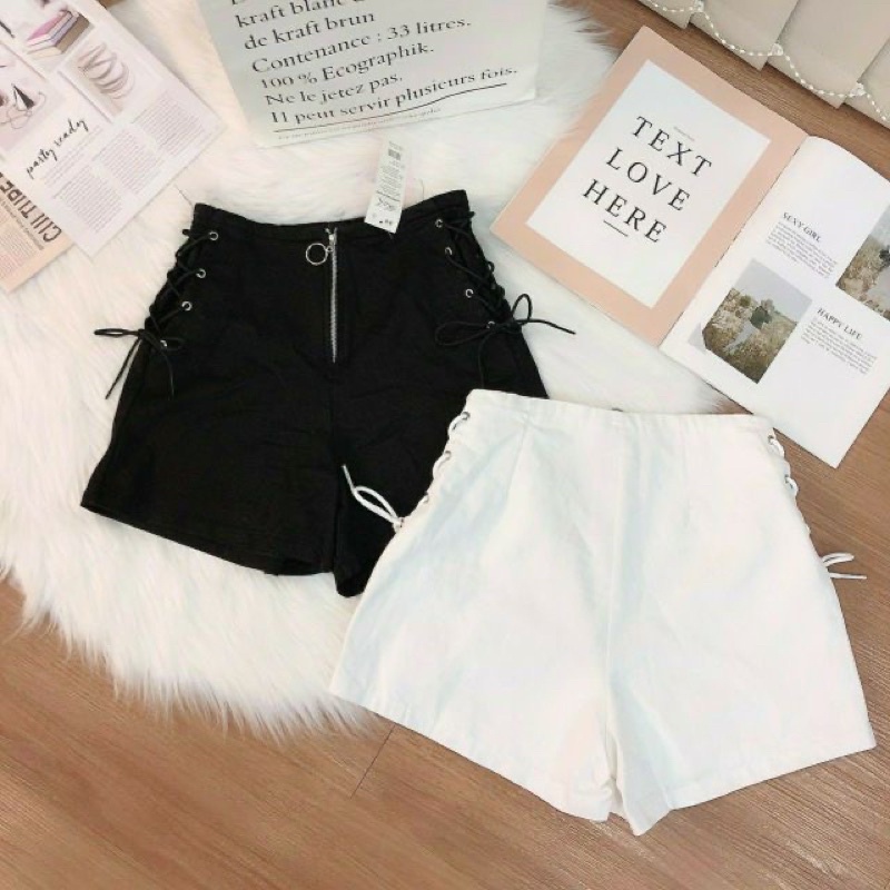 QUẦN SHORT KAKI ĐAN DÂY 2 BÊN xinh xỉu, Quần shorts kaki đan dây 2 bên phối dây kéo chính giữa ☘️☘️☘️☘️UK alohashop91