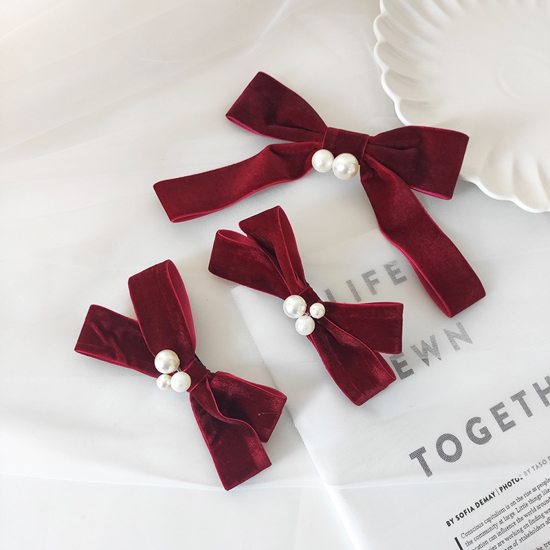 Cài Tóc Nơ Vải Nhung Đính Ngọc Trai Nhân Tạo Màu Đỏ Rượu Cho Cô Dâu