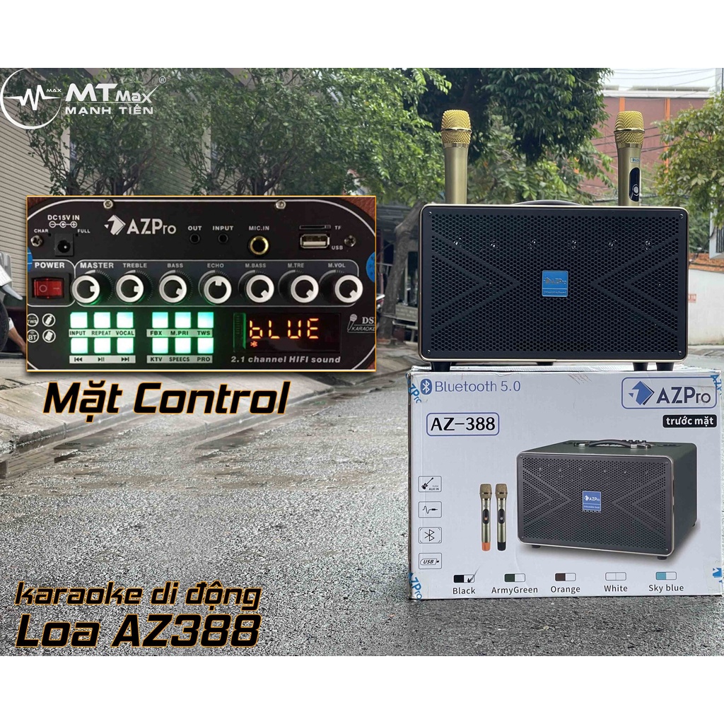 Loa di động xách tay AZPRO AZ 388 karaoke âm thanh cực chi tiết. Bass 16, 2mid và 6 chiếc loa treble kèm 2 mic không dây