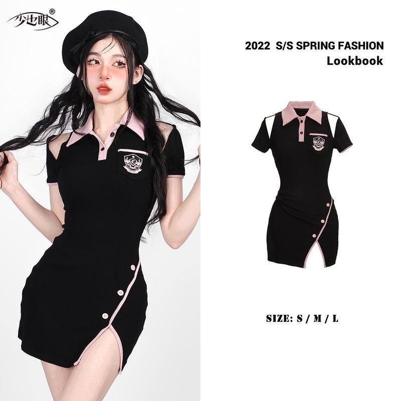 Y2k Váy polo Tay Dài Ôm Eo Xẻ Tà Cài Nút Màu Đen Ngọt Ngào Thời Trang Xuân Thu Mới Dành Cho Bạn Nữ