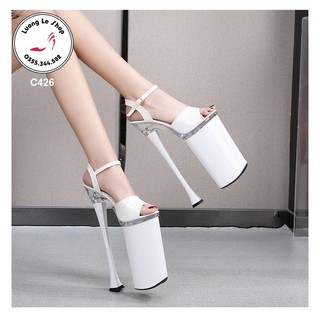 Giày cao gót 26cm gót nhọn da bóng hở mũi quai vòng cổ chân 3 màu đen đỏ trắng c426
