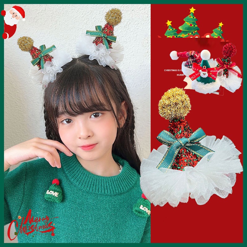 Kẹp tóc IQ Angel đính nơ kẻ sọc họa tiết giáng sinh ba chiều dễ thương cho bé