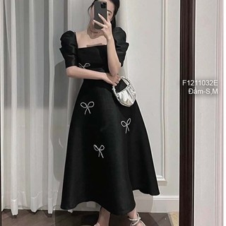 Đầm dây tăcta dáng xòe dài đính nơ đá rớt vai tay ngắn!