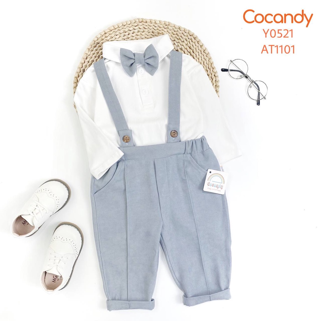Set đồ cho bé -Yếm dài công tử nhung GHI + nơ và Áo thun trắng có cổ dài tay cho bé của COCANDY mã Y0521,AT110100