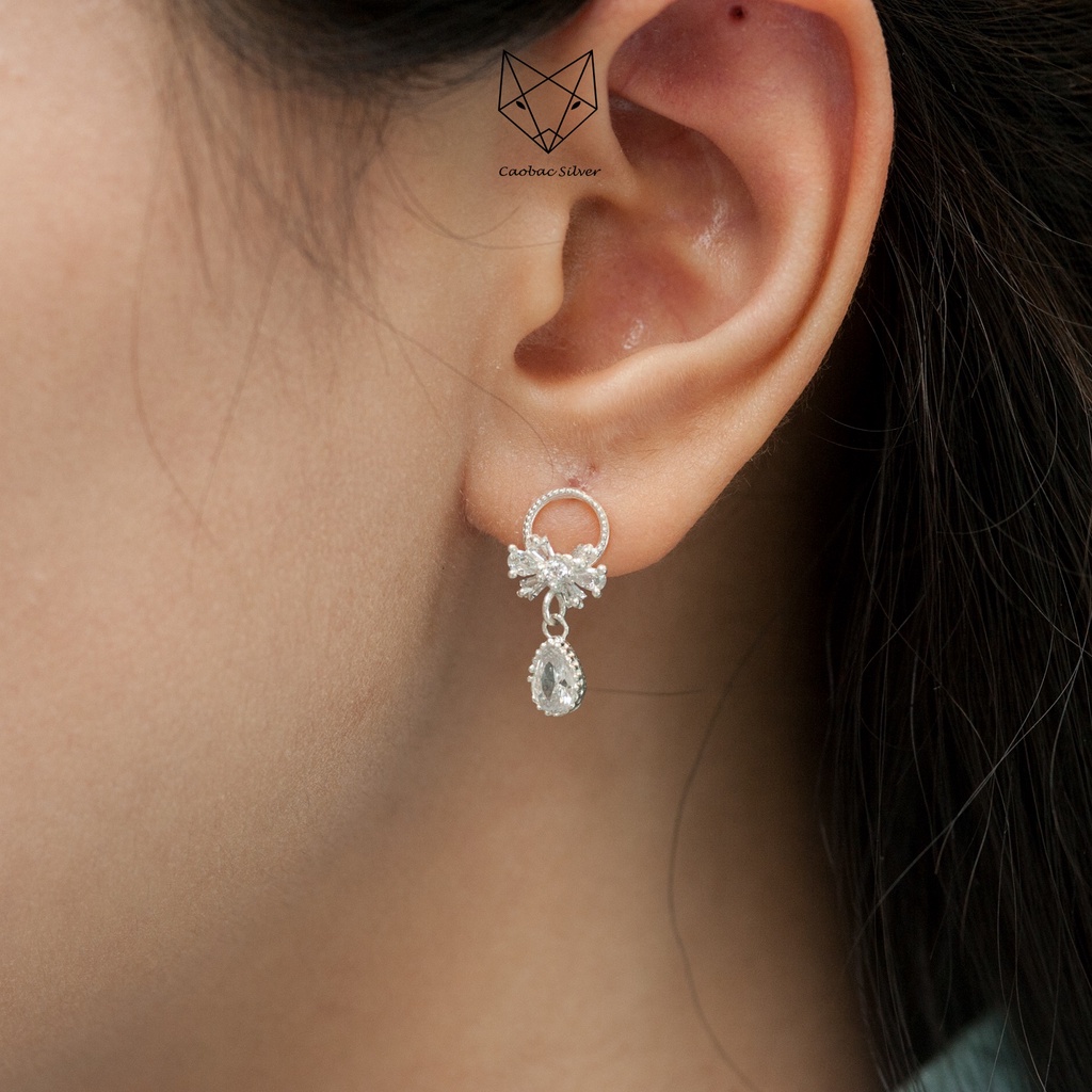Khuyên Tai Bạc Ta Nữ CaoBac Silver Hình Nơ Thiết Kế Giọt Đá Rơi Lấp Lánh Tinh Tế, Dễ Thương Xinh Xắn Dành Cho Bạn Gái