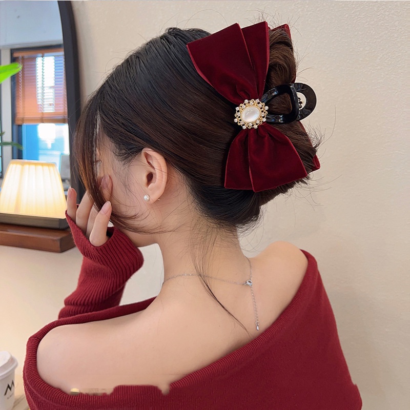 Kẹp tóc nơ HAIMEIKANG vải nhung đính ngọc trai giả phong cách Hàn Quốc mới cho nữ