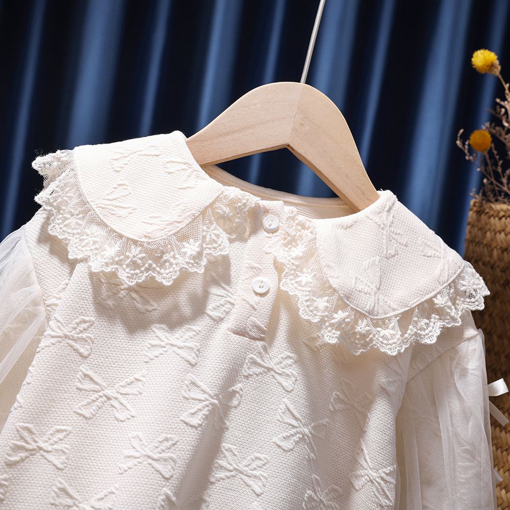 Áo Sơ Mi Tay Dài Cổ Búp Bê Phối Ren Dễ Thương Phong Cách Hàn Quốc Cho Bé Gái