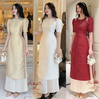 Set áo dài gấm khoét vai kèm quần ống rộng
