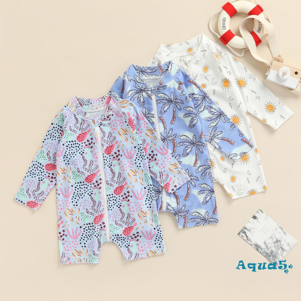 Aqq-đồ Bơi Một Mảnh Tay Dài Có Khóa Kéo Phía Trước Họa Tiết Cây Dừa / Mặt Trời / Mặt Trăng Cho Bé Trai Bé Gái