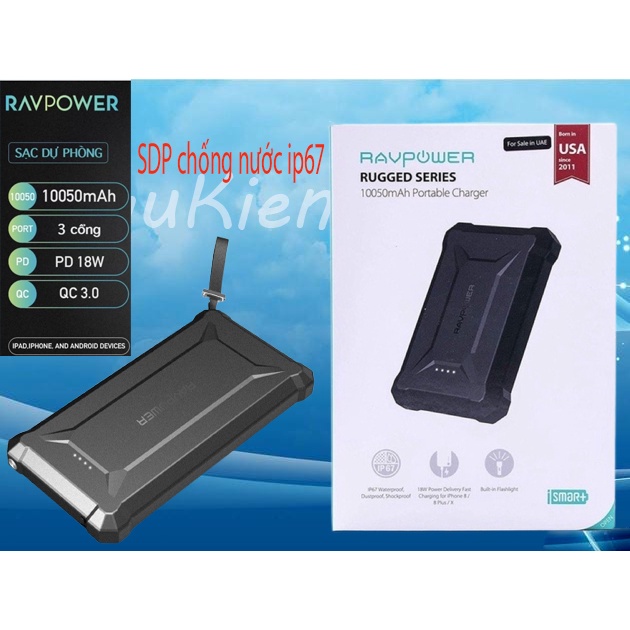 Pin sạc dự phòng chống nước IP67 RAVPOWER RP-PB096 10500mAh (NEW) PD & QC 3.0 18W
