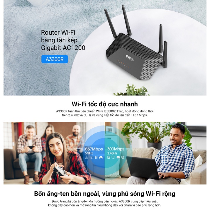 A3300R - Router Wi-Fi băng tần kép Gigabit AC1200 - Hàng chính hãng.