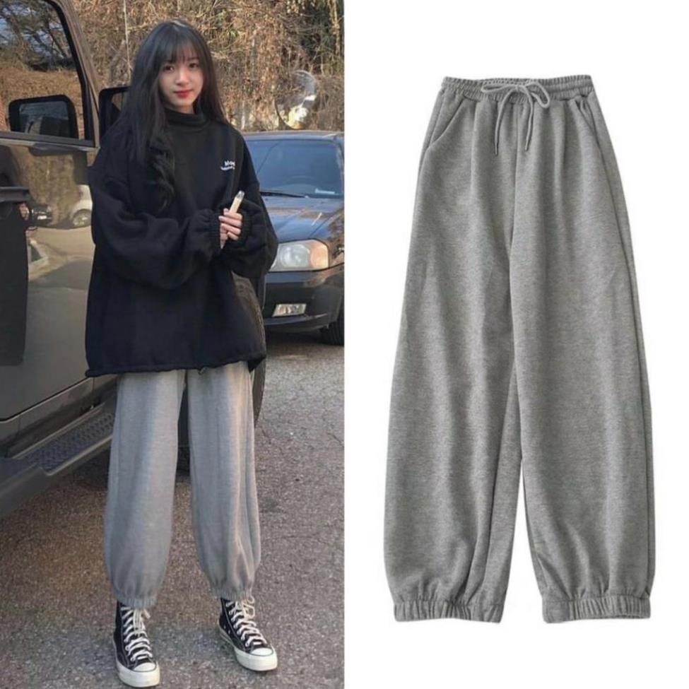 Quần jogger nam nữ bo gấu trơn vải thun da cá, quần bom ống rộng nữ nỉ thun dáng jogger mặc thu đông
