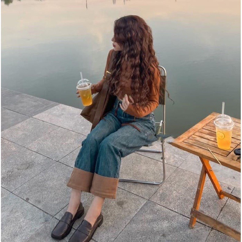 Quần bò jeans cạp cao vắn gấu phối màu nâu  QJ01