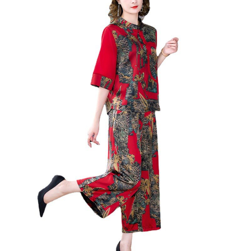 Áo Sườn Xám Vải Lụa Dáng Rộng In Hình Đám Mây Phong Cách Retro Thời Trang Mùa Hè Dành Cho Nữ Trung Niên