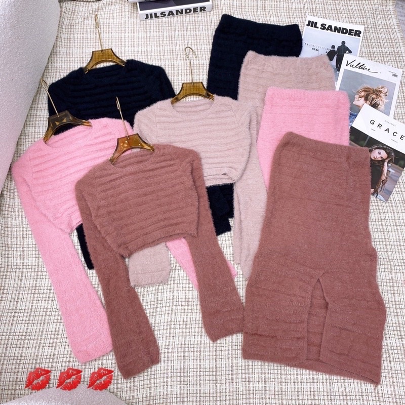 Set 2 món len lông áo croptop tay dài kèm chân váy dáng dài hàng QC! (Hàng có sẵn,kèm hình chụp thật)
