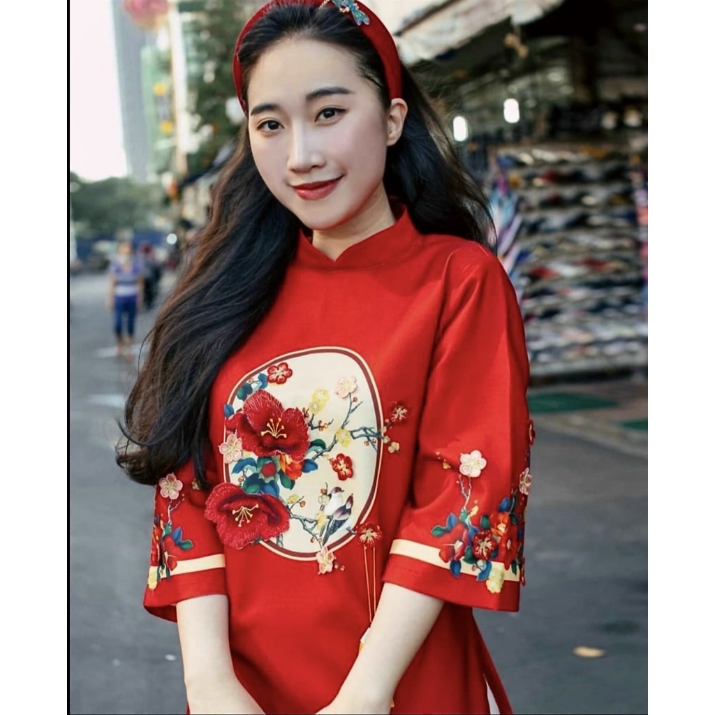 Áo dài cách tân đỏ dành cho mẹ và bé hàng VN cao cấp