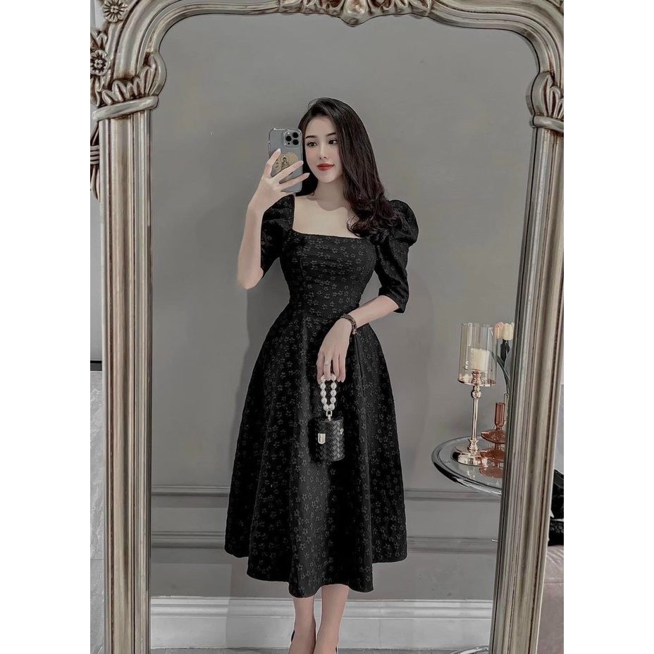 [12/12 Sale Freeship] Đầm cổ vuông chất gấm sang trọng,đầm gấm có mút dập hoa nổi tay ngắn dáng xòe đi tiệc cực đẹp dx