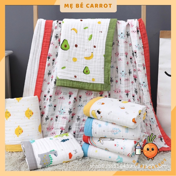 Khăn xô tắm 6 lớp CÓ VIỀN cho bé sơ sinh, Mẹ bé Carrot, Khăn xô sợi tre xuất Nhật siêu mềm KT 1.1 x 1.1M