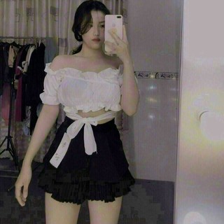 Áo croptop bèo cổ V đắp chéo tay phồng Buộc Nơ Eo Áo kiểu tay phồng cột nơ eo mặc đi biển đi chơi