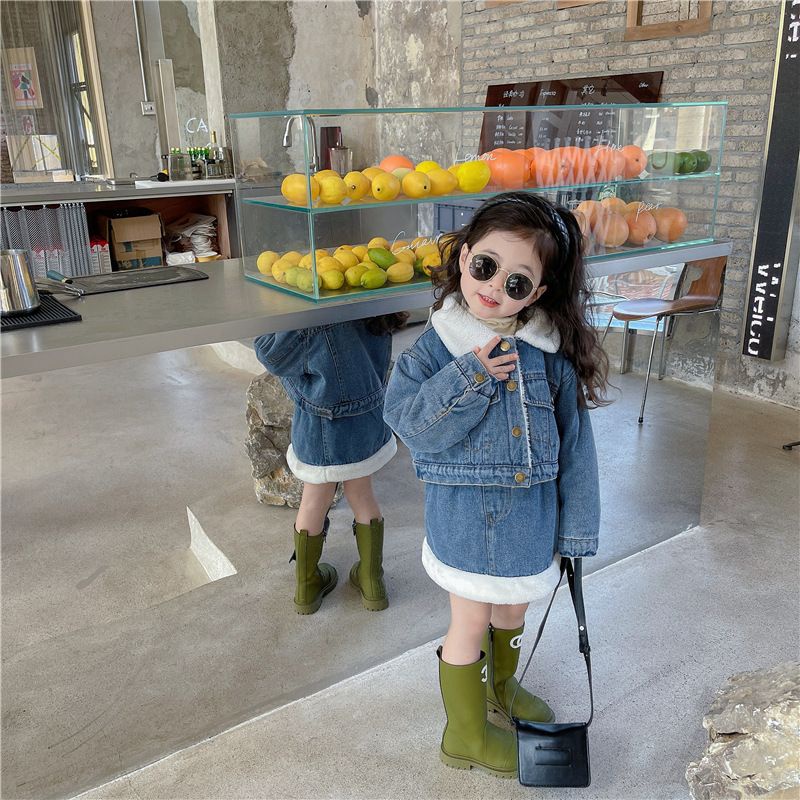 Áo Khoác Denim Lót Lông Cừu Dày Dặn Giữ Ấm Phong Cách Hàn Quốc Thời Trang Mùa Đông Cho Bé Gái